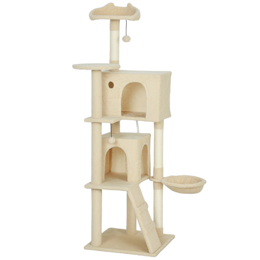 Photo of PawHut 160cm Large Cat Tree Tower with Sisal Scratching Posts, Condos, Plush Perches, Hammock, Ladder, Beige in Beige colour on a white background