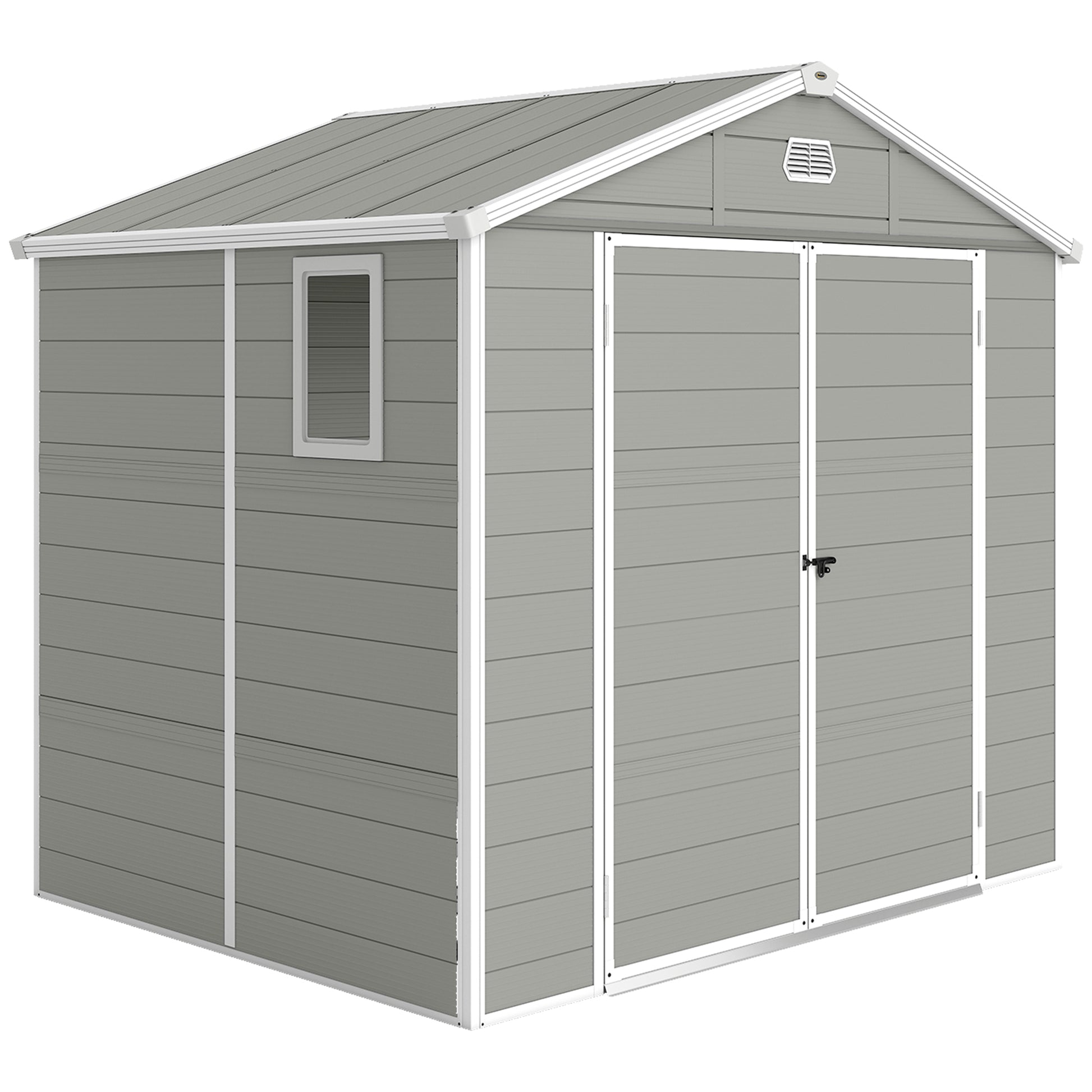 Photo of Outsunny 7.9ft x 6.2ft Aluminium Frame Rust Resistance Waterproof Shed, with Galvanised Foundation - Light Grey in Grey colour on a white background