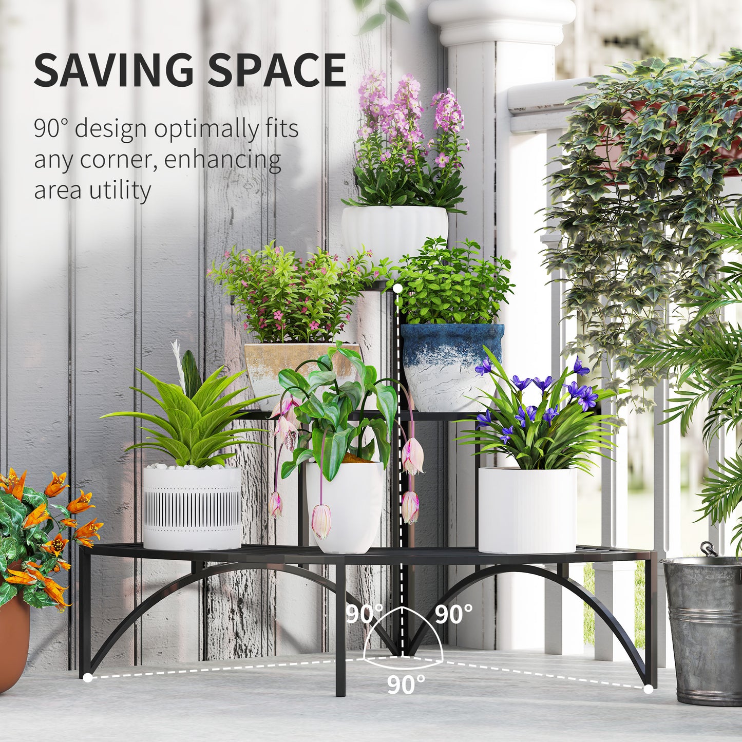 Outsunny Three-Tier Corner Metal Plants Shelves - Black