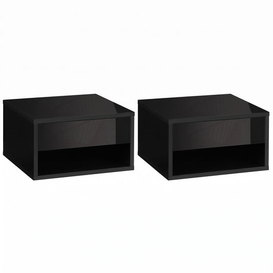 Pair of black high-gloss wall-mounted bedside tables with open shelves and drawer fronts