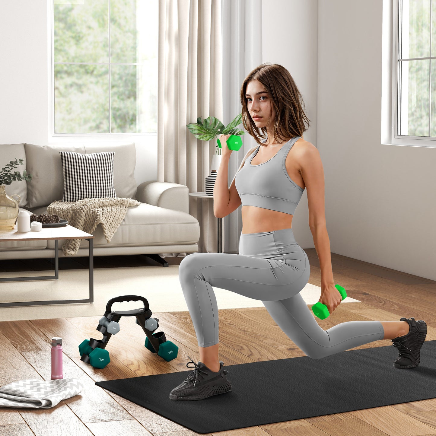 SPORTNOW Dumbbells Set with Storage Rack, 2 x 1kg, 2 x 3kg, 2 x 5kg, Grey