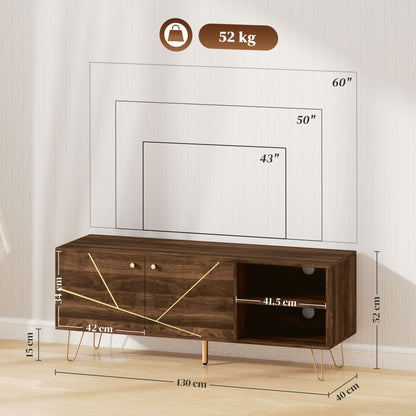 Brown TV cabinet with two doors, open shelves, hairpin legs and dimensions shown