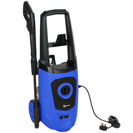DURHAND blue pressure washer with black spray gun, hose reel, wheels and power cord