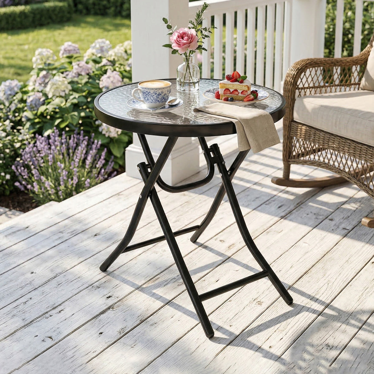 Outsunny Foldable Garden Side Table, Round Folding Table with Glass Tabletop and Safety Buckle for Patio, Garden, Outdoor, Indoor, Black