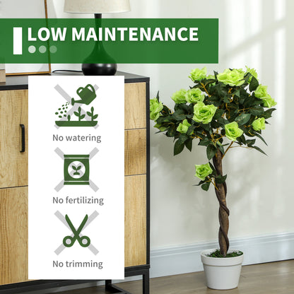 Faux rose tree with lime-green flowers, dark green leaves, and a white pot