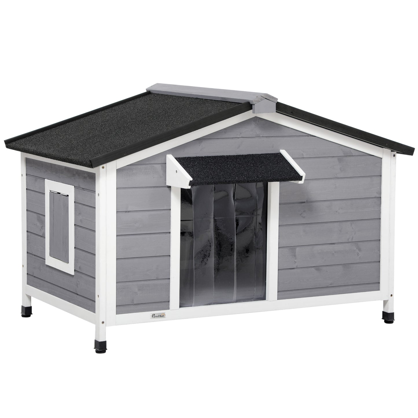 Photo of PawHut Wooden Dog Kennel for Outside, for Medium Dogs, 72H x 109L x 79Wcm, Grey in Grey colour on a white background