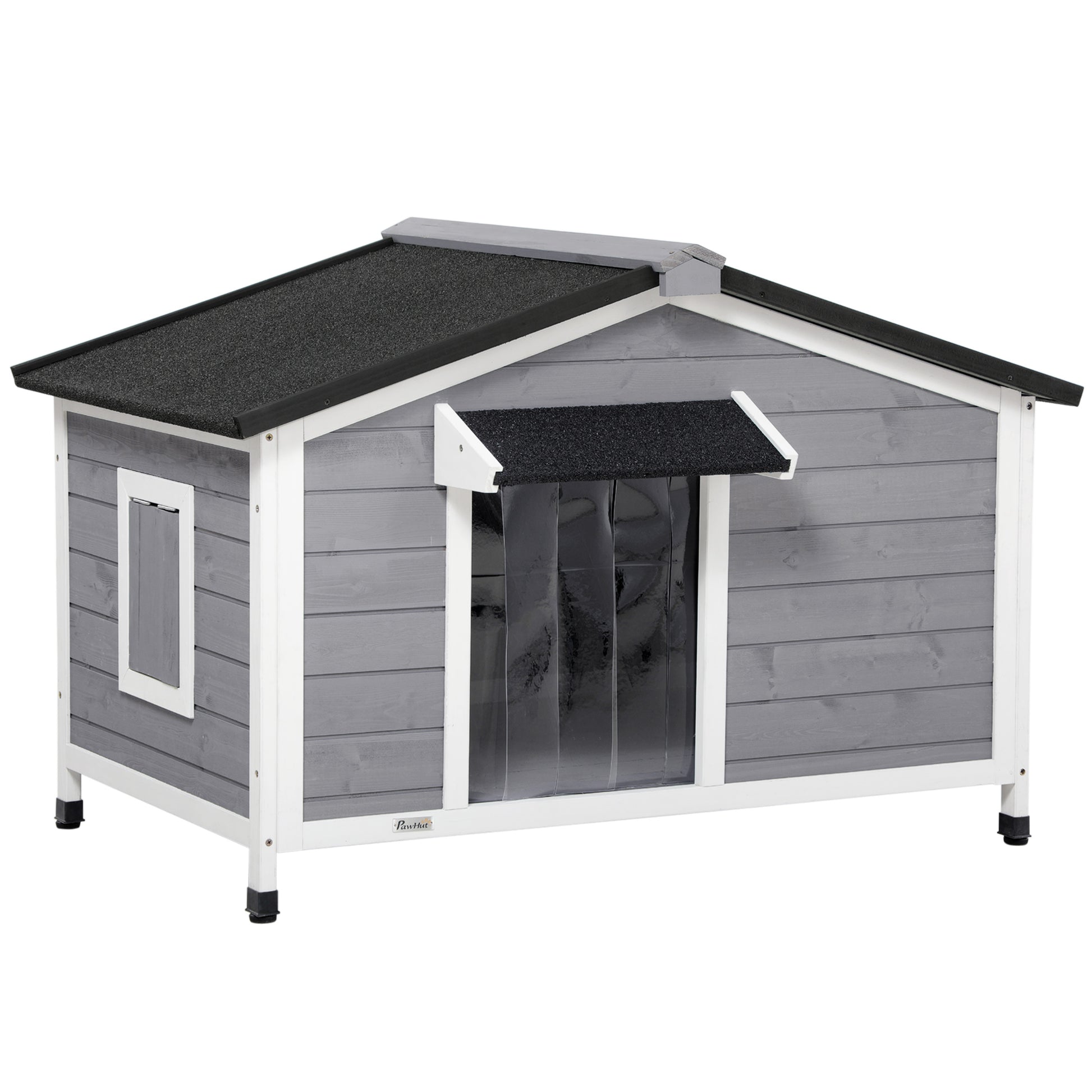 Photo of PawHut Wooden Dog Kennel for Outside, for Medium Dogs, 72H x 109L x 79Wcm, Grey in Grey colour on a white background