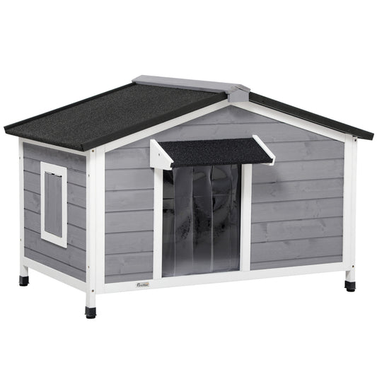 Photo of PawHut Wooden Dog Kennel for Outside, for Medium Dogs, 72H x 109L x 79Wcm, Grey in Grey colour on a white background