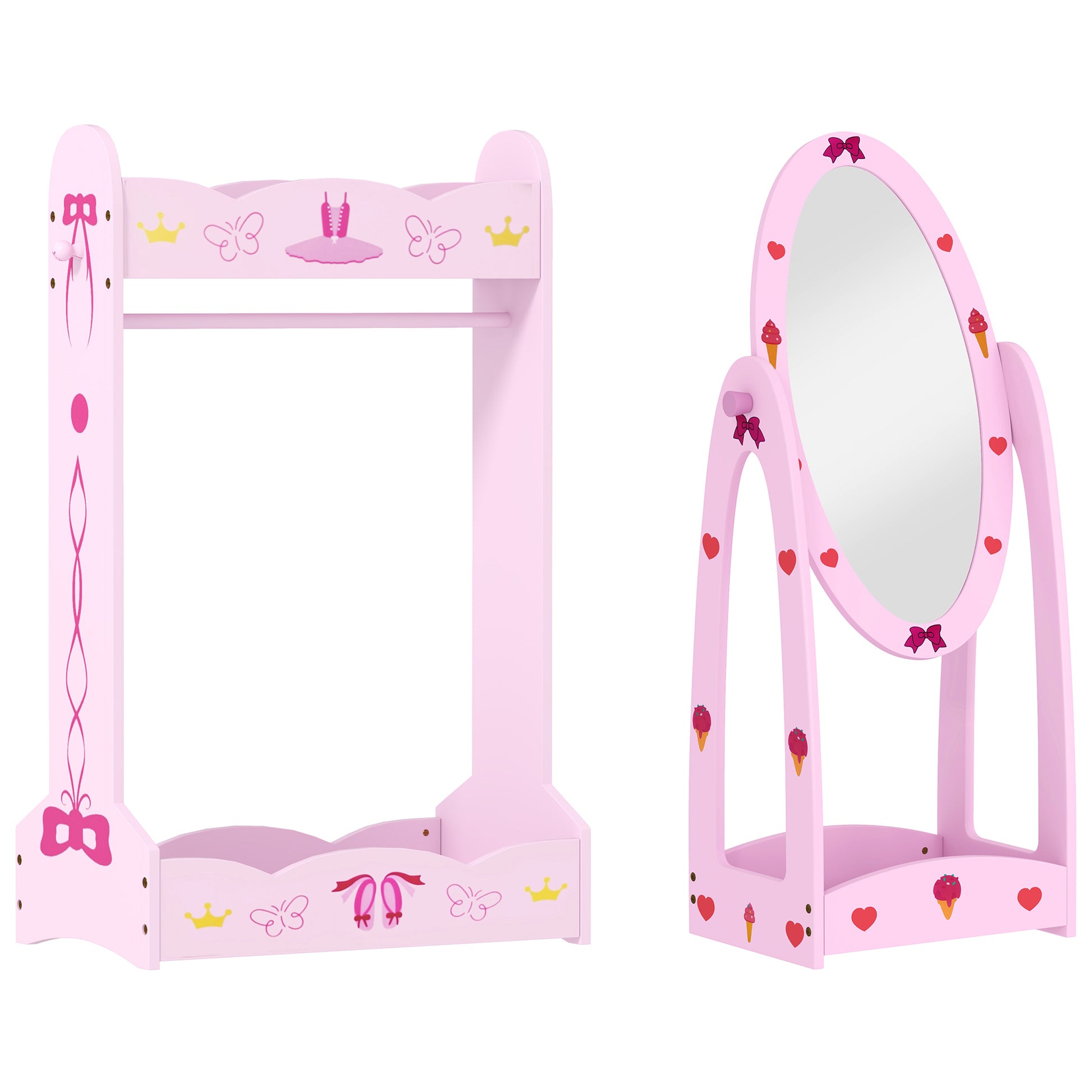 Photo of AIYAPLAY Kids Clothes Rail, Kids Dressing Mirror with 360° Rotating, 2 Piece Kids Furniture Set with Storage Shelves, Pink in Pink colour on a white background