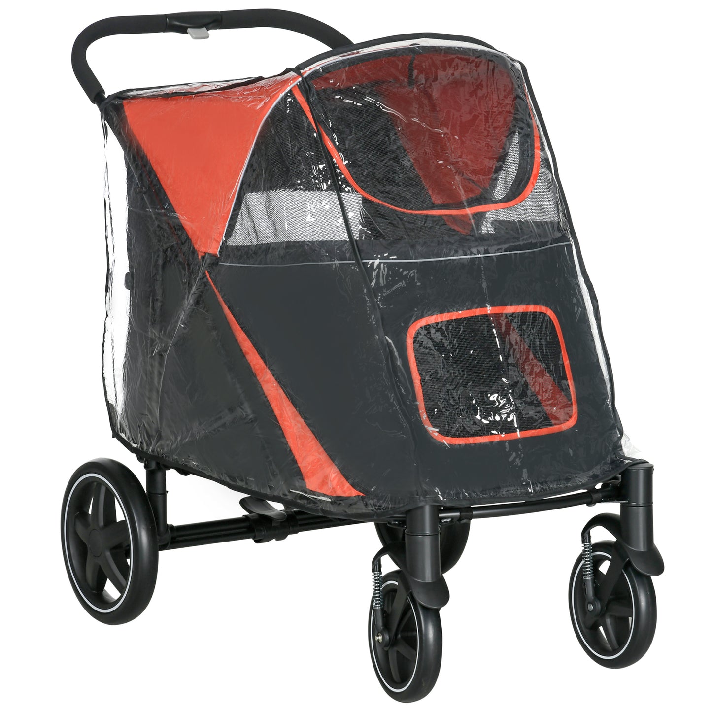 Photo of PawHut One-Click Foldable Pet Travel Stroller with Rain Cover, Cat Dog Pushchair with Universal Front Wheels, Shock Absorber, Storage Bags, Mesh Window, Safety Leash for Large and Medium Dogs (Red) in (Red) colour on a white background