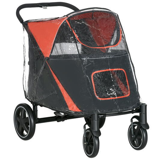 Photo of PawHut One-Click Foldable Pet Travel Stroller with Rain Cover, Cat Dog Pushchair with Universal Front Wheels, Shock Absorber, Storage Bags, Mesh Window, Safety Leash for Large and Medium Dogs (Red) in (Red) colour on a white background