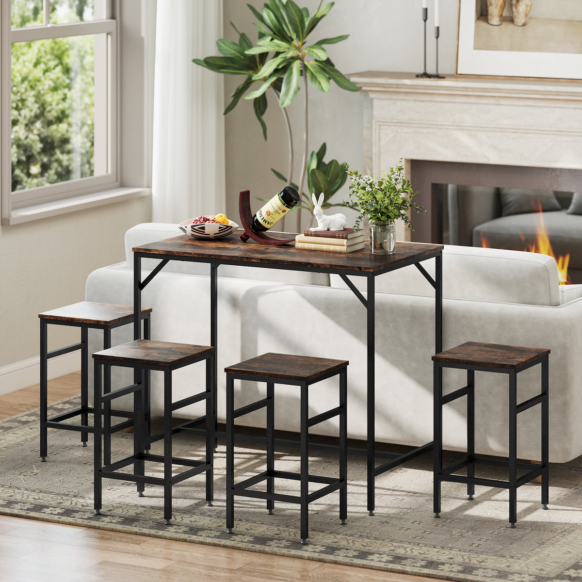 HOMCOM rustic brown bar table with four matching stools