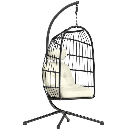 Photo of Outsunny Hanging Egg Chair, Indoor Outdoor Hammock Swing Chair with Stand, Safety Strap, Foldable Basket, Black/Cream White in White colour on a white background