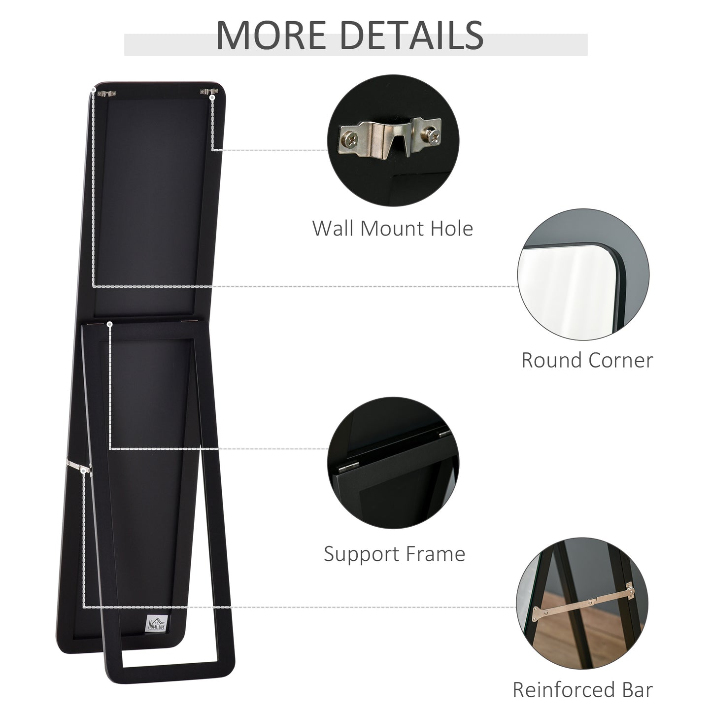 HOMCOM Full Length Mirror, 156 x 37 cm Rectangular Full Body Mirror with Stand, Floor Standing, Hanging or Leaning Against Wall for Bedroom Cloakroom, Black