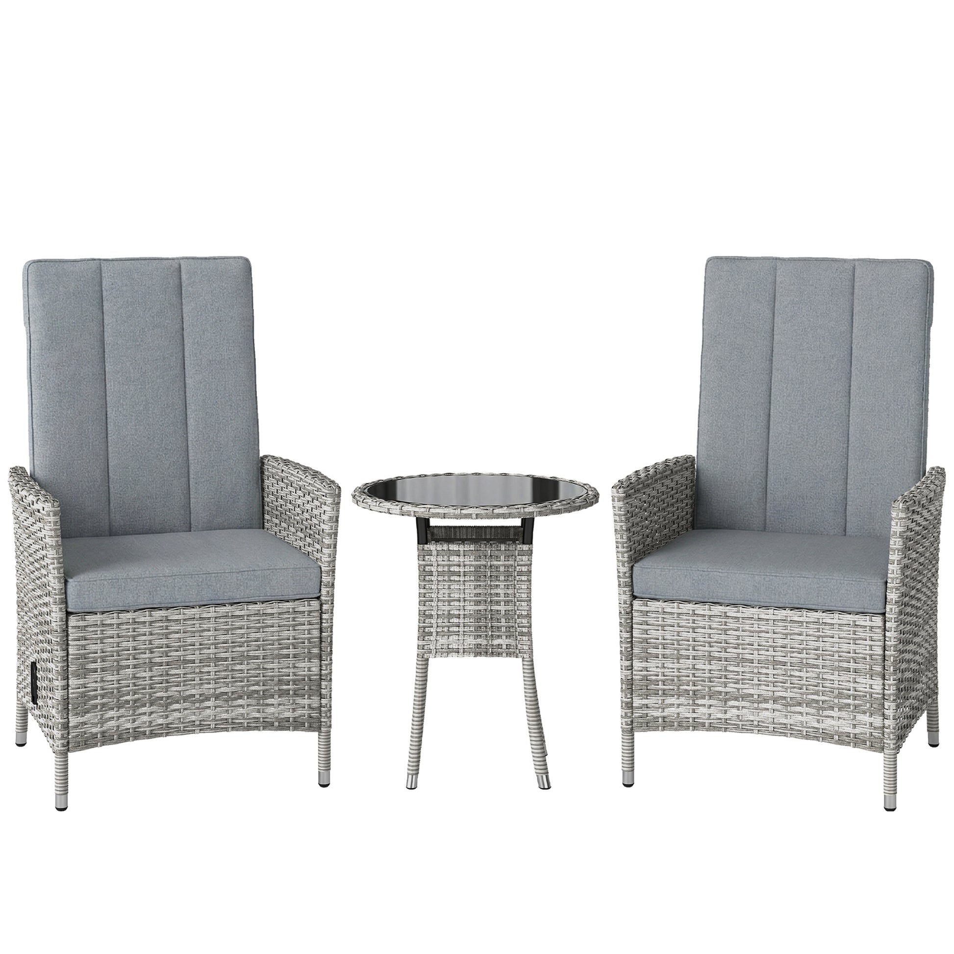 Photo of Outsunny Rattan Bistro Set, Reclining Garden Chairs and Glass Coffee Table with Cushions for Patio Balcony Porch, Light Grey in Grey colour on a white background