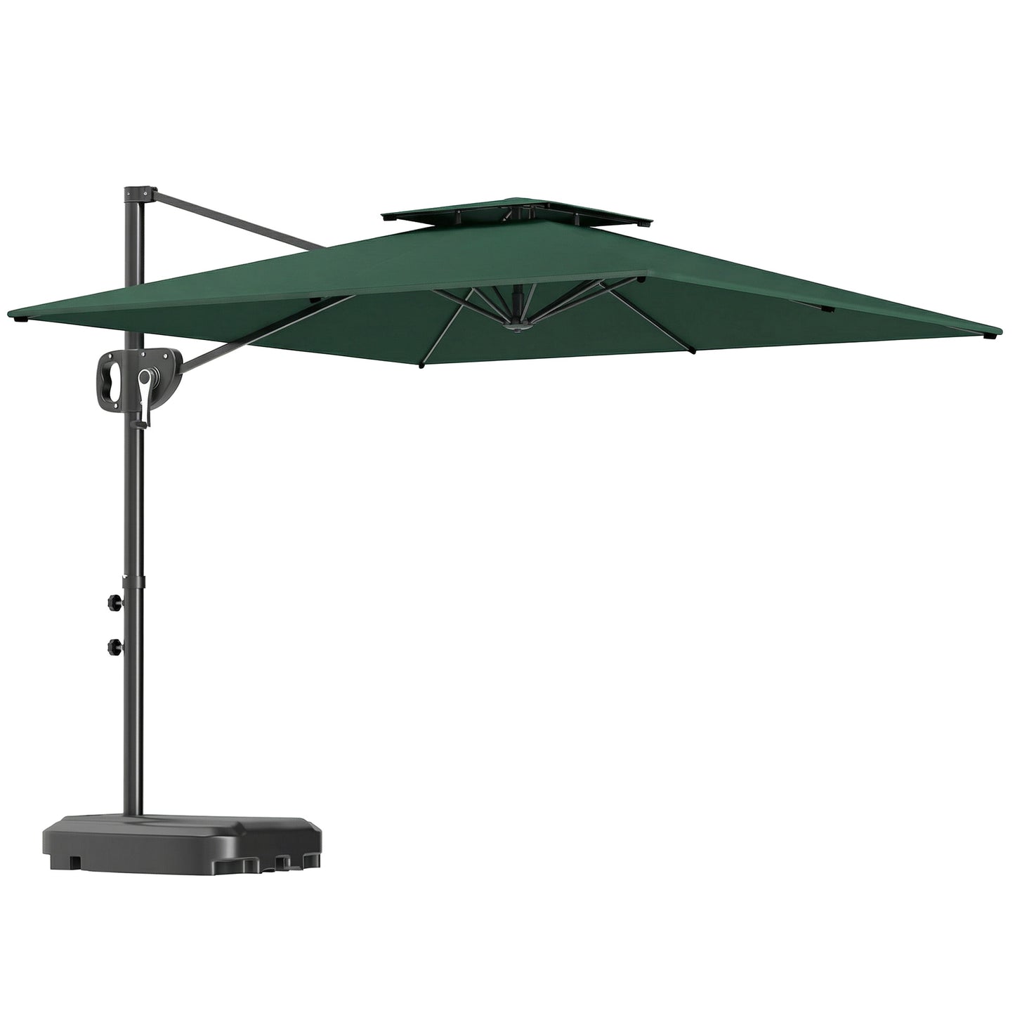 Photo of Outsunny Cantilever Parasol with Weighted Base Double Top Garden Parasol Square Hanging Patio Umbrella with Crank Tilt Dark Green in Green colour on a white background