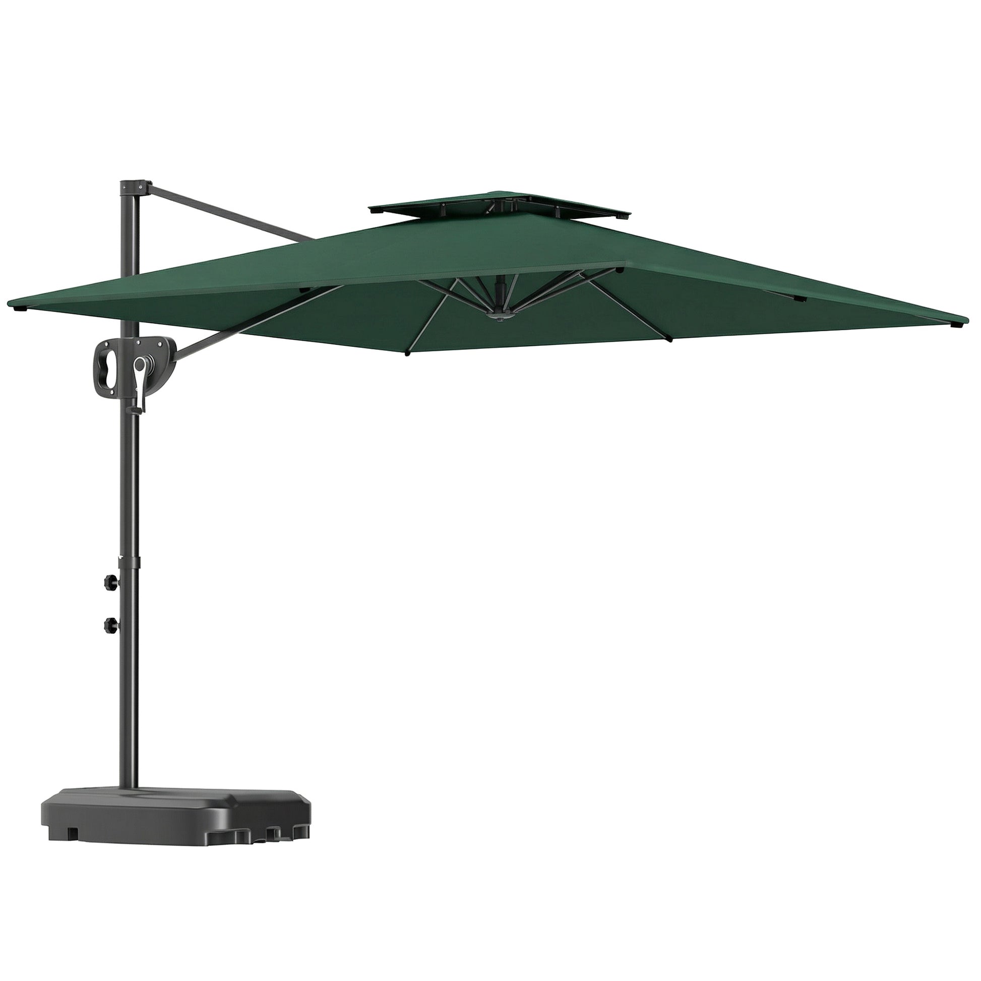 Photo of Outsunny Cantilever Parasol with Weighted Base Double Top Garden Parasol Square Hanging Patio Umbrella with Crank Tilt Dark Green in Green colour on a white background