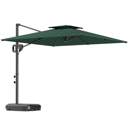 Photo of Outsunny Cantilever Parasol with Weighted Base Double Top Garden Parasol Square Hanging Patio Umbrella with Crank Tilt Dark Green in Green colour on a white background