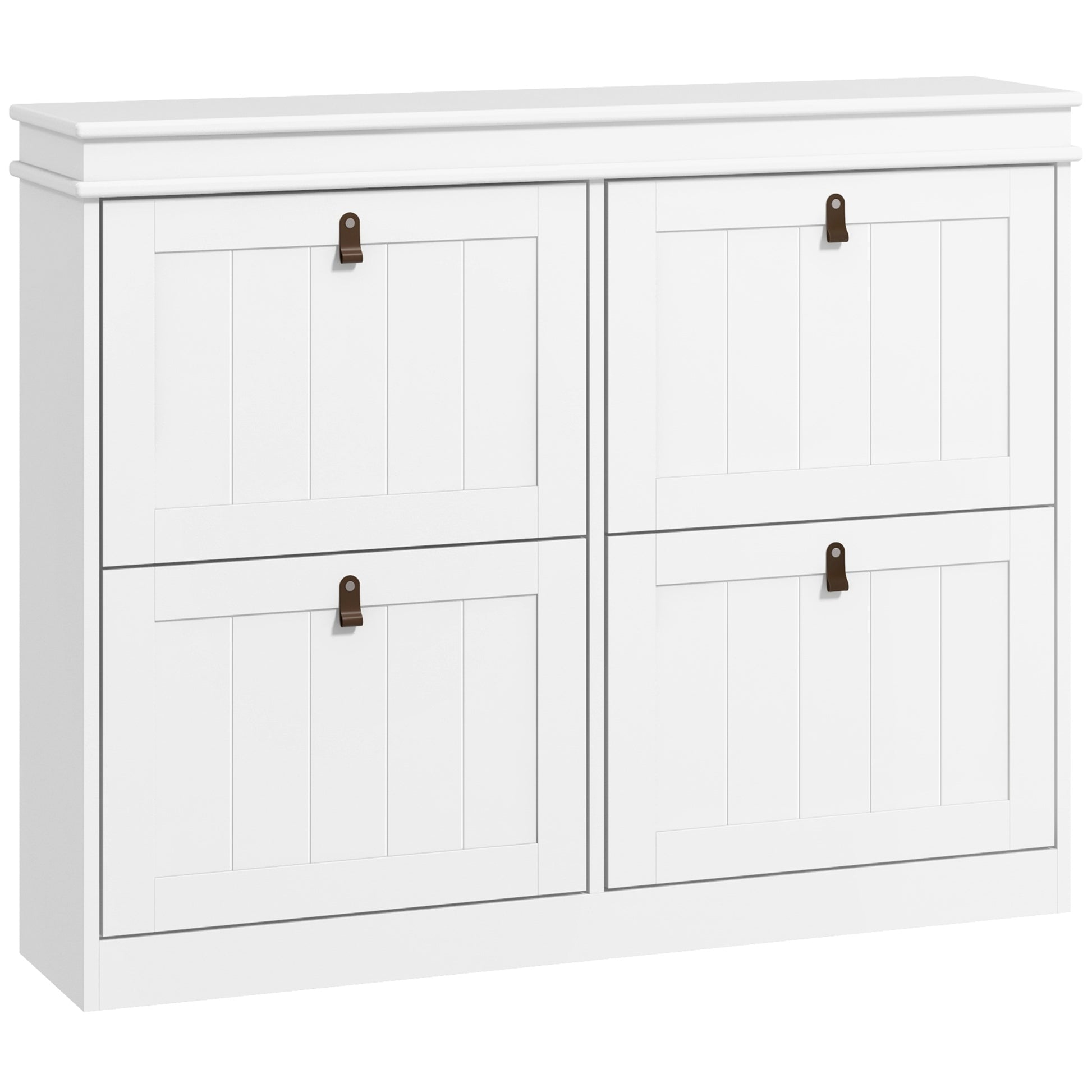 Photo of HOMCOM Slim Shoe Cabinet, Shoe Cabinet with 4 Drop-Down Drawers, 105W x 24D x 82.5H cm,  White in White colour on a white background