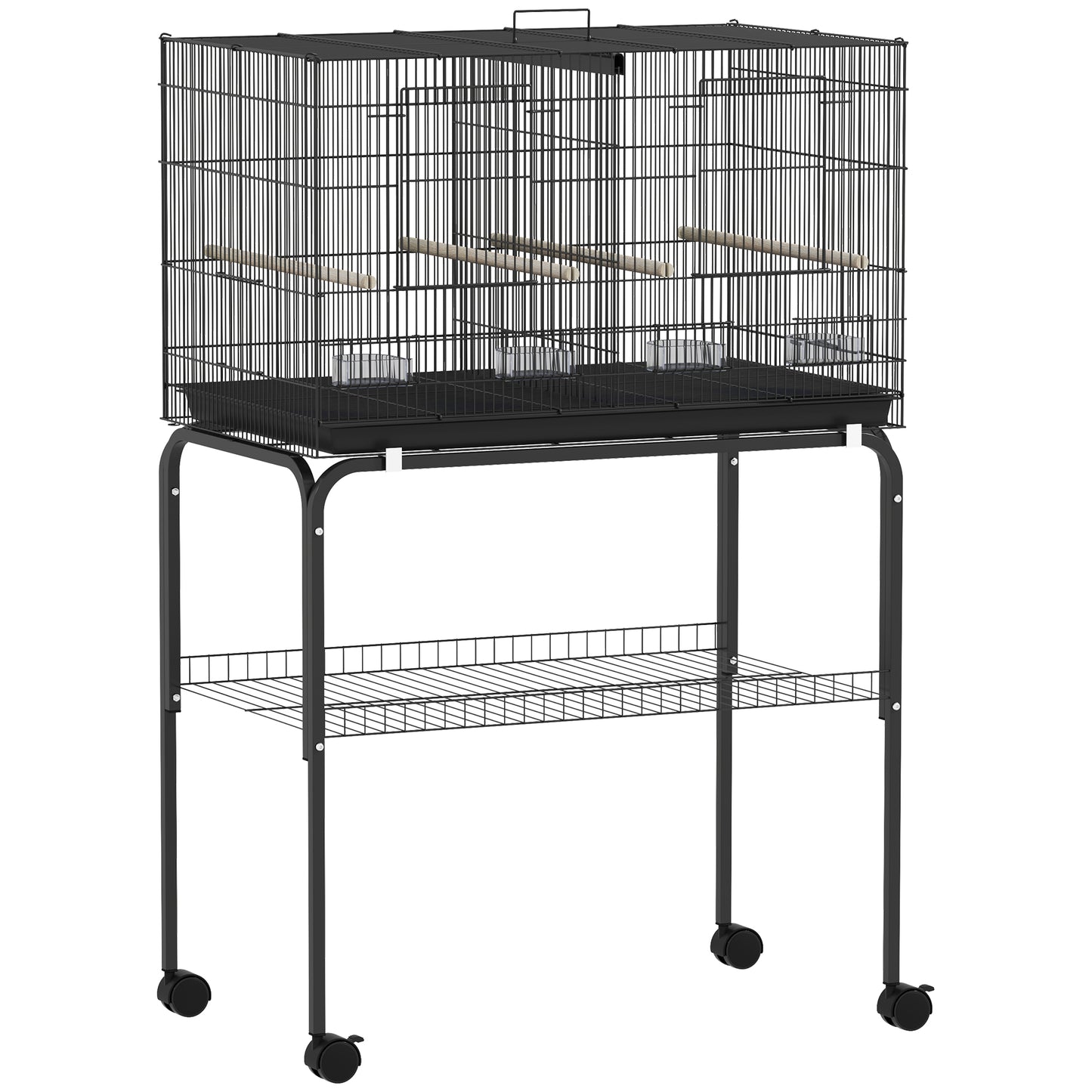 Photo of PawHut Bird Cage with Divider, 4 Wooden Perches, Slide Out Tray, 4 Feeders, for Budgie, Lovebird, Canary, 76 x 46 x 116cm Black in Black colour on a white background