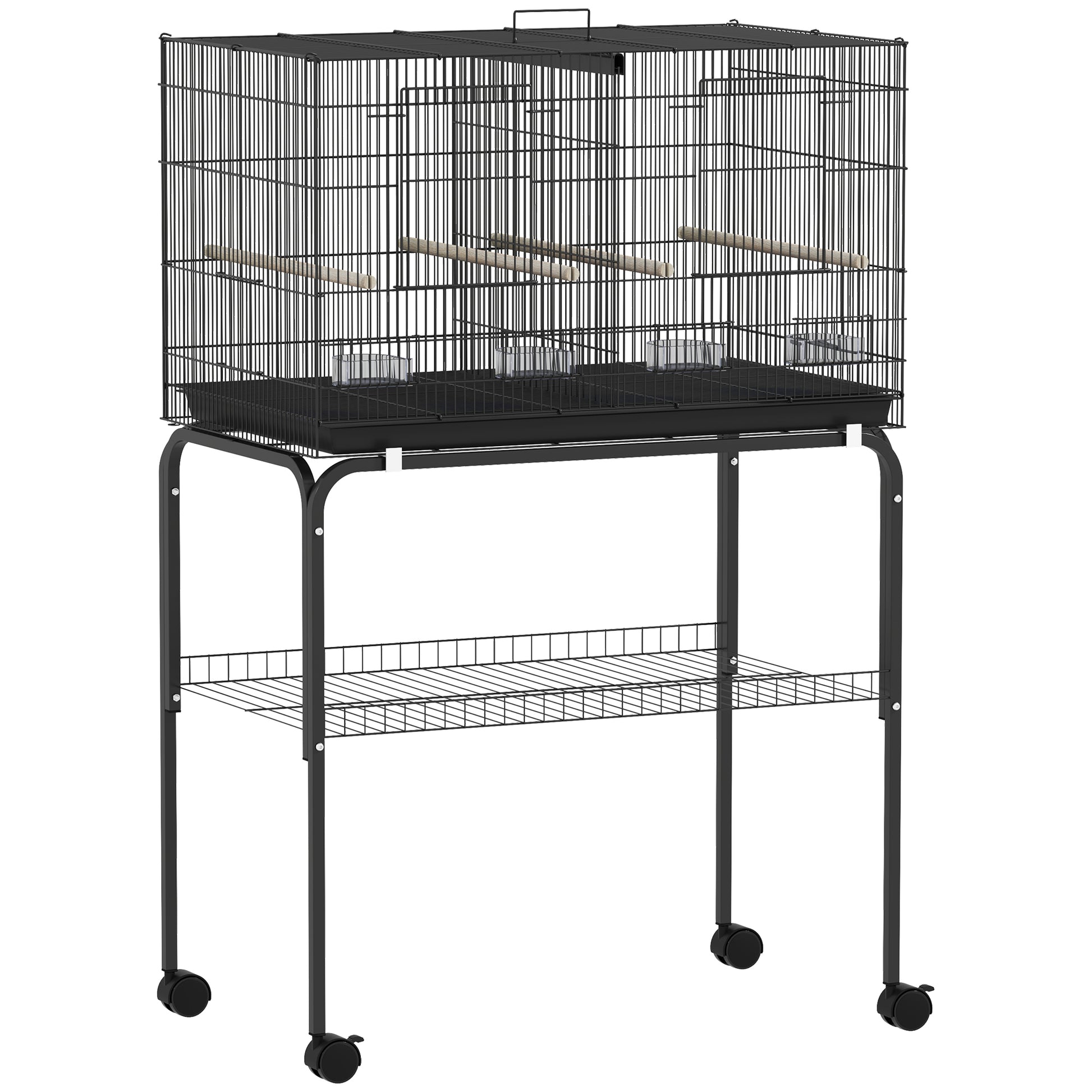 Photo of PawHut Bird Cage with Divider, 4 Wooden Perches, Slide Out Tray, 4 Feeders, for Budgie, Lovebird, Canary, 76 x 46 x 116cm Black in Black colour on a white background