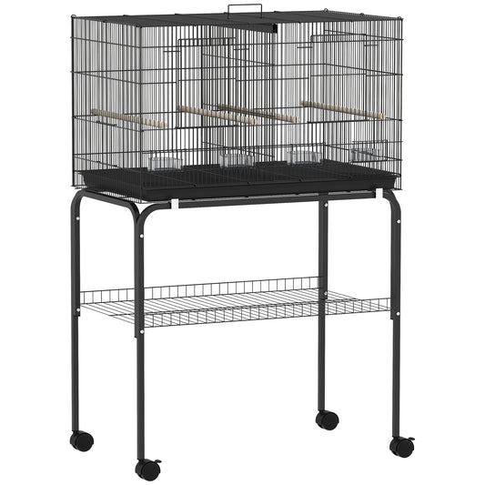 Photo of PawHut Bird Cage with Divider, 4 Wooden Perches, Slide Out Tray, 4 Feeders, for Budgie, Lovebird, Canary, 76 x 46 x 116cm Black in Black colour on a white background