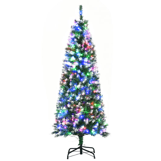 Photo of HOMCOM 5FT Tall Prelit Pencil Slim Artificial Christmas Tree with Realistic Branches, 250 Colourful LED Lights and 408 Tips, Xmas Decoration, Green in Green colour on a white background