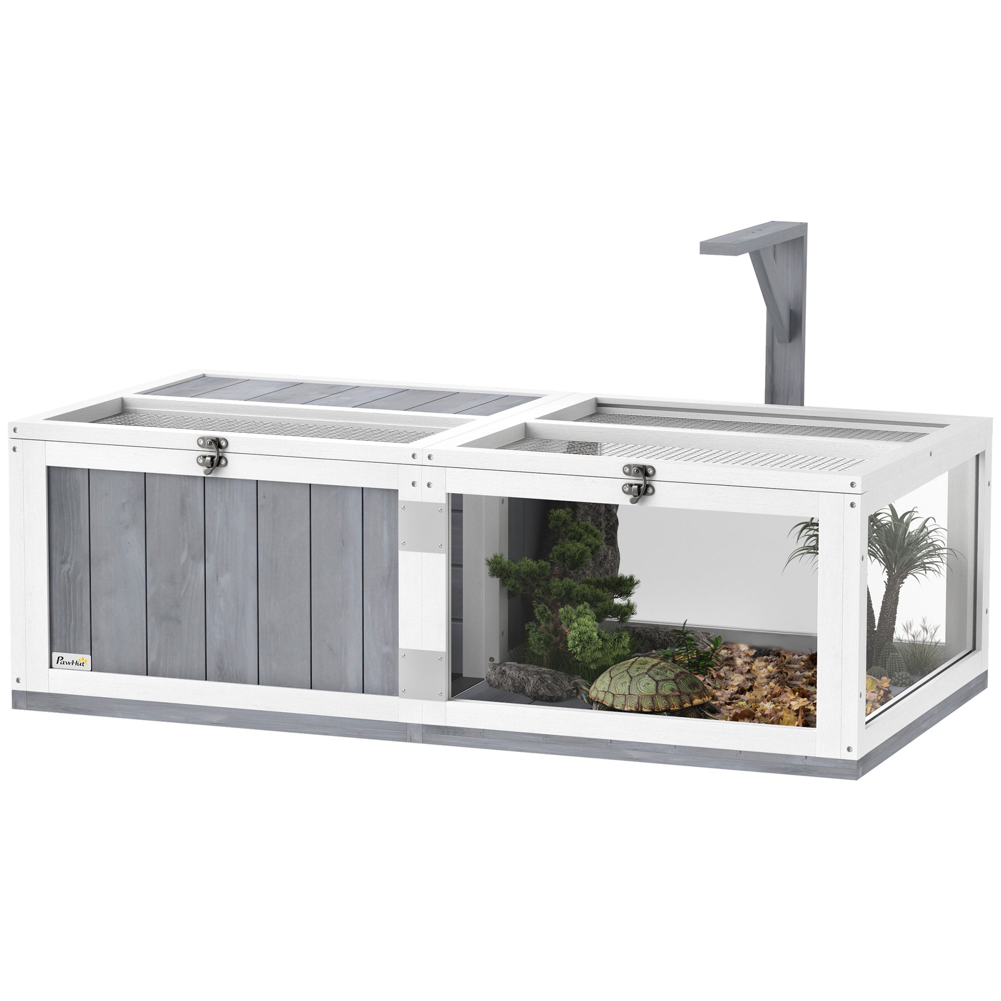 Photo of PawHut Wooden Tortoise House with Lamp Holder, Clear Windows, Openable Tops, Built-In Tray, Light Grey in Grey colour on a white background