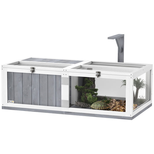 Photo of PawHut Wooden Tortoise House with Lamp Holder, Clear Windows, Openable Tops, Built-In Tray, Light Grey in Grey colour on a white background