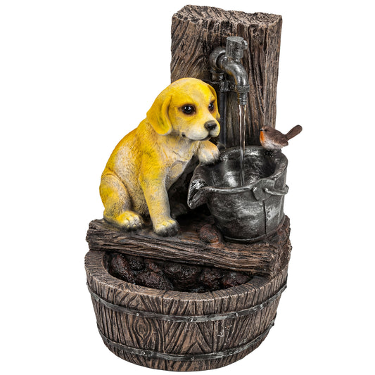 Photo of Outsunny Garden Water Feature with 3-Tier Rustic Puppy Design, Freestanding Resin with LED Lights, Adjustable Flow, Rustic Brown in Brown colour on a white background