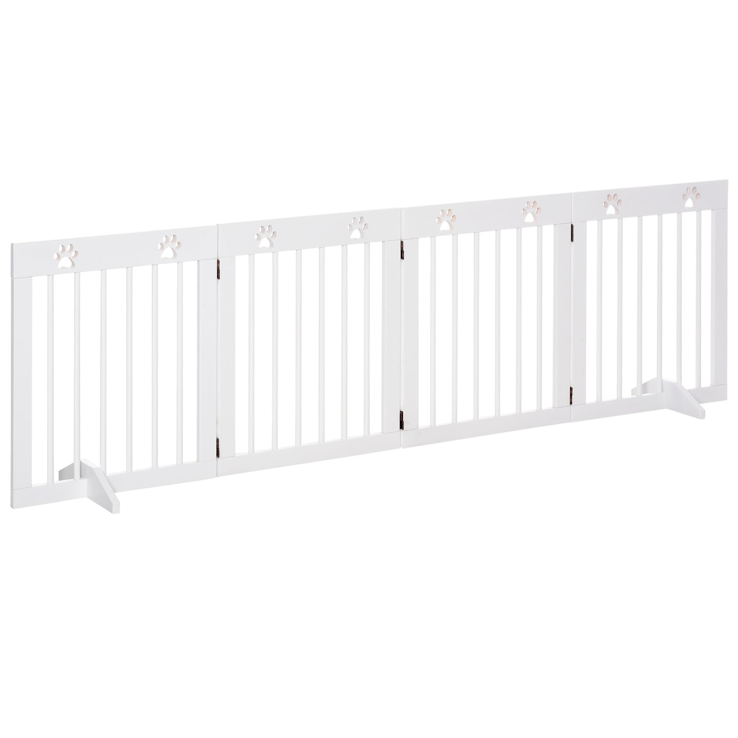 Photo of PawHut Freestanding Pet Gate 4 Panel Wooden Dog Barrier Folding Safety Fence with Support Feet up to 204cm Long 61cm Tall for Doorway Stairs White in White colour on a white background