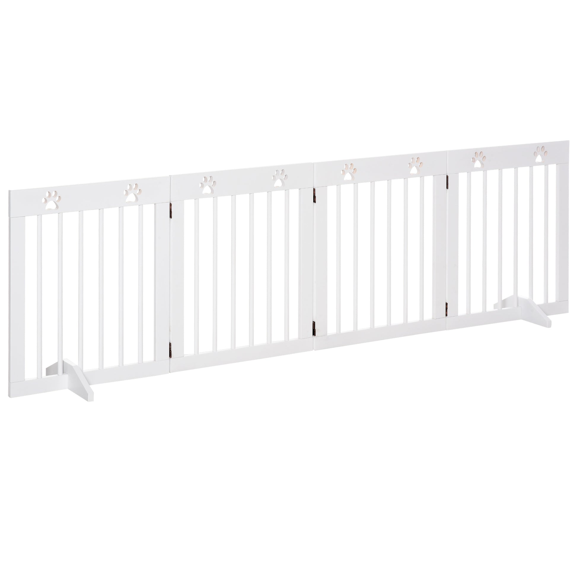 Photo of PawHut Freestanding Pet Gate 4 Panel Wooden Dog Barrier Folding Safety Fence with Support Feet up to 204cm Long 61cm Tall for Doorway Stairs White in White colour on a white background
