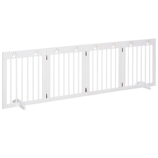Photo of PawHut Freestanding Pet Gate 4 Panel Wooden Dog Barrier Folding Safety Fence with Support Feet up to 204cm Long 61cm Tall for Doorway Stairs White in White colour on a white background
