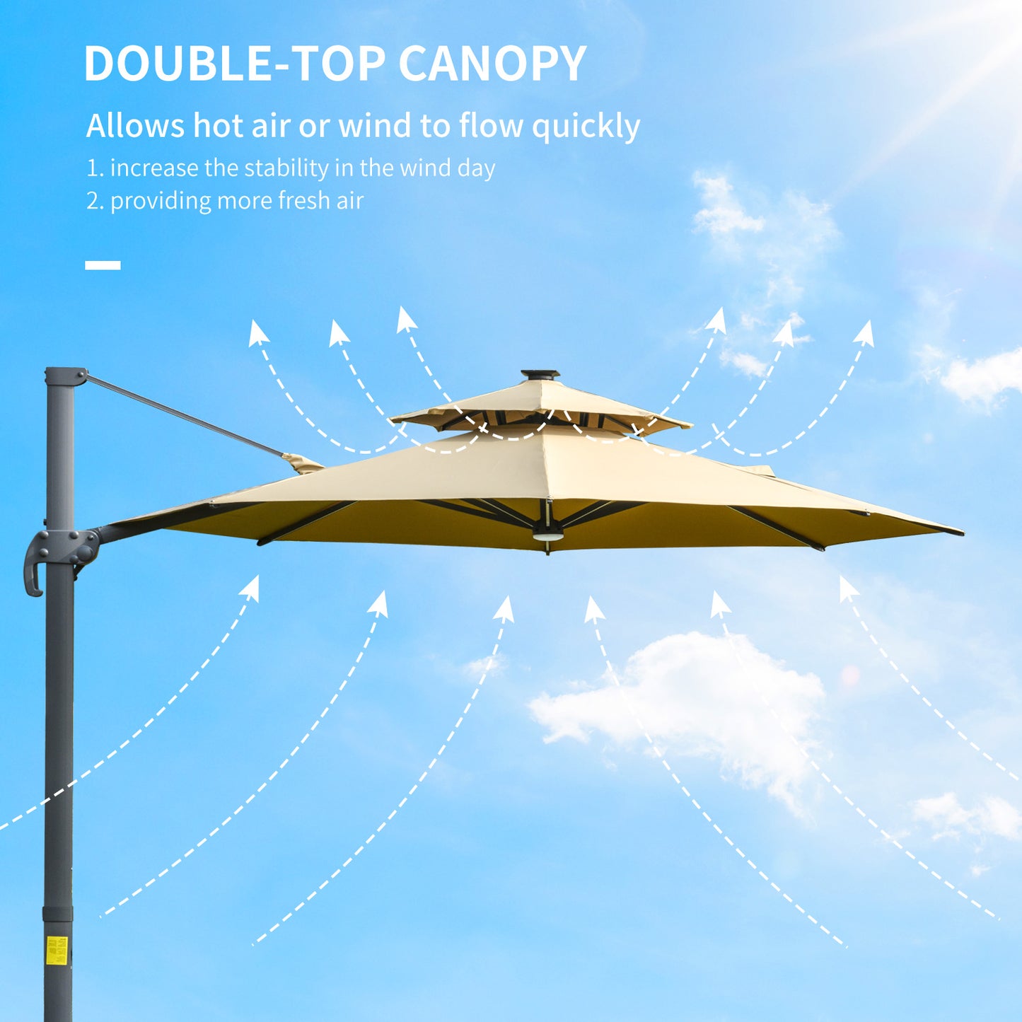 Outsunny 3m Cantilever Parasol with Solar Lights, Power Bank Base 360° Spin, Khaki
