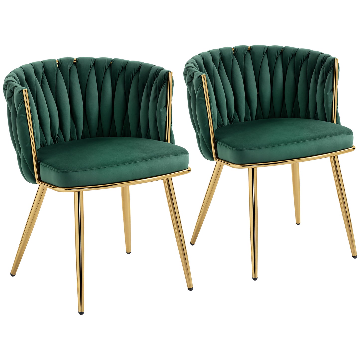 Photo of HOMCOM Velvet-Feel Dining Chairs Set of 2, Modern Upholstered Armchair with Knot Design and Golden Metal Legs, Accent Chair for Dining Room, Bedroom, Kitchen, Living Room, Dark Green in Green colour on a white background