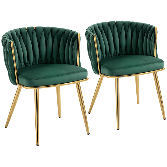 Photo of HOMCOM Velvet-Feel Dining Chairs Set of 2, Modern Upholstered Armchair with Knot Design and Golden Metal Legs, Accent Chair for Dining Room, Bedroom, Kitchen, Living Room, Dark Green in Green colour on a white background