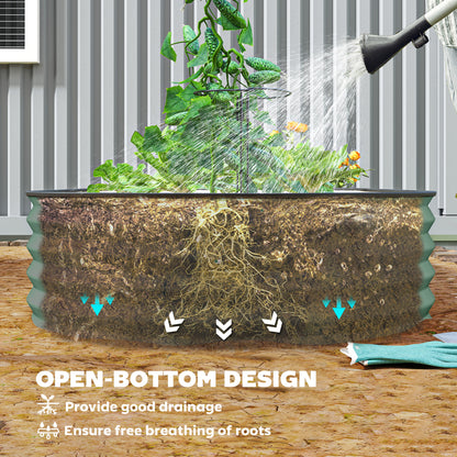 Green steel planter shown with open bottom for soil drainage