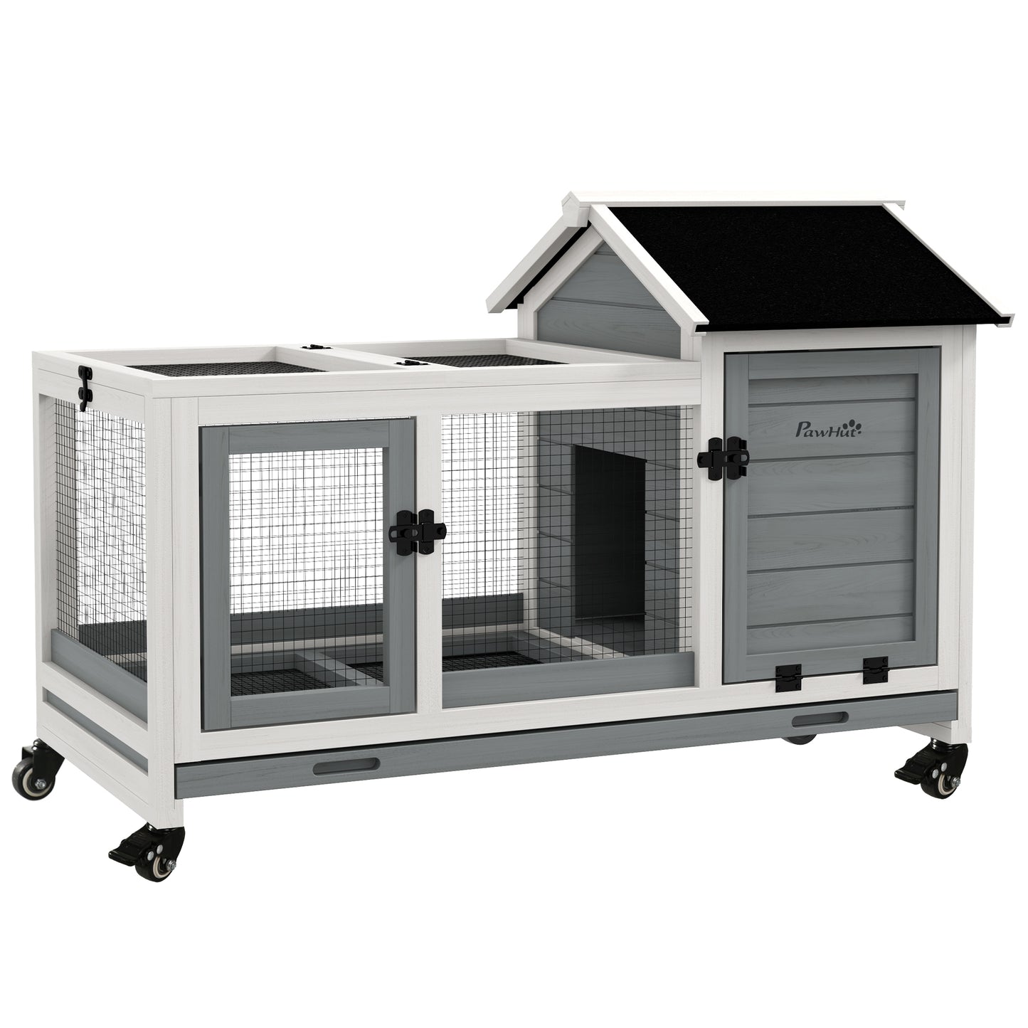 Photo of PawHut Wooden Rabbit Hutch, Guinea Pig Cage, with Removable Tray, Wheels - Grey in Grey colour on a white background
