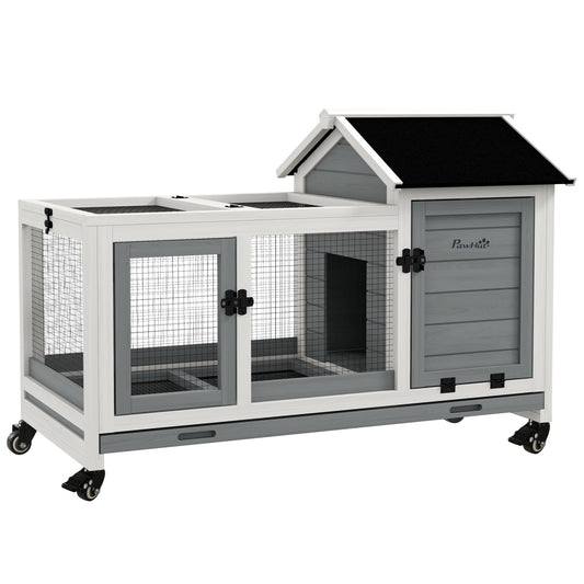 Photo of PawHut Wooden Rabbit Hutch, Guinea Pig Cage, with Removable Tray, Wheels - Grey in Grey colour on a white background