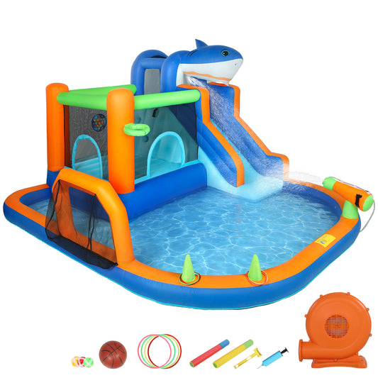 Photo of AIYAPLAY Inflatable Bouncy Castle for Kids, Sharks Theme Jumping Bounce House with Slide, Climbing Wall for Indoor Outdoor in Outdoor colour on a white background