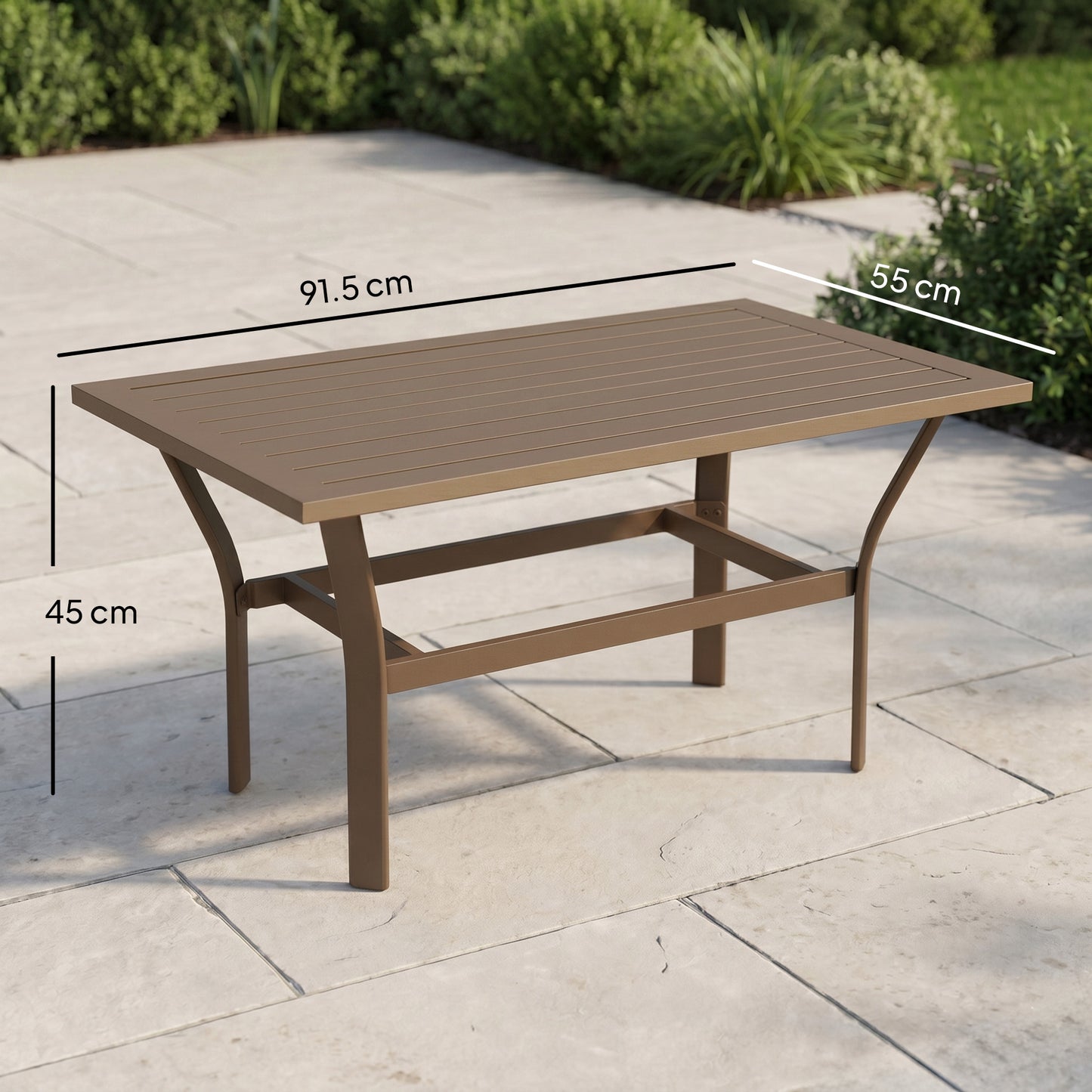 Outsunny Metal Garden Coffee Table, Rectangular Outdoor Side Table with Slatted Tabletop, Foot Pads for Outside, Garden, Balcony, Porch, 91.5 x 55 x 45cm, Brown