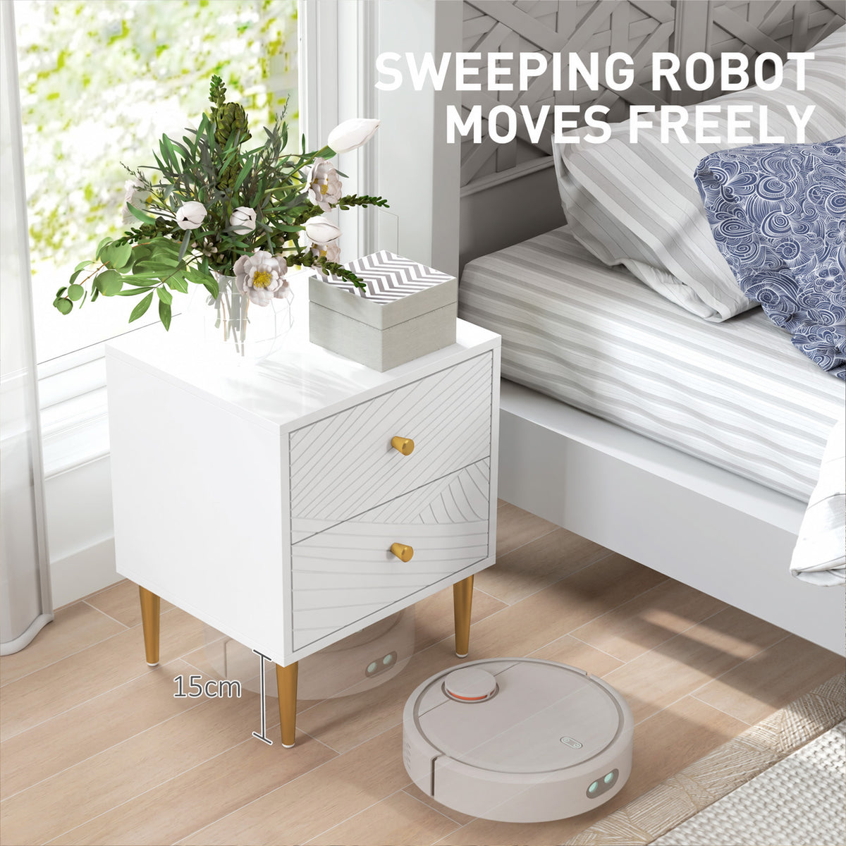 White two-drawer bedside table on 15 cm legs, allowing a robot vacuum to pass underneath