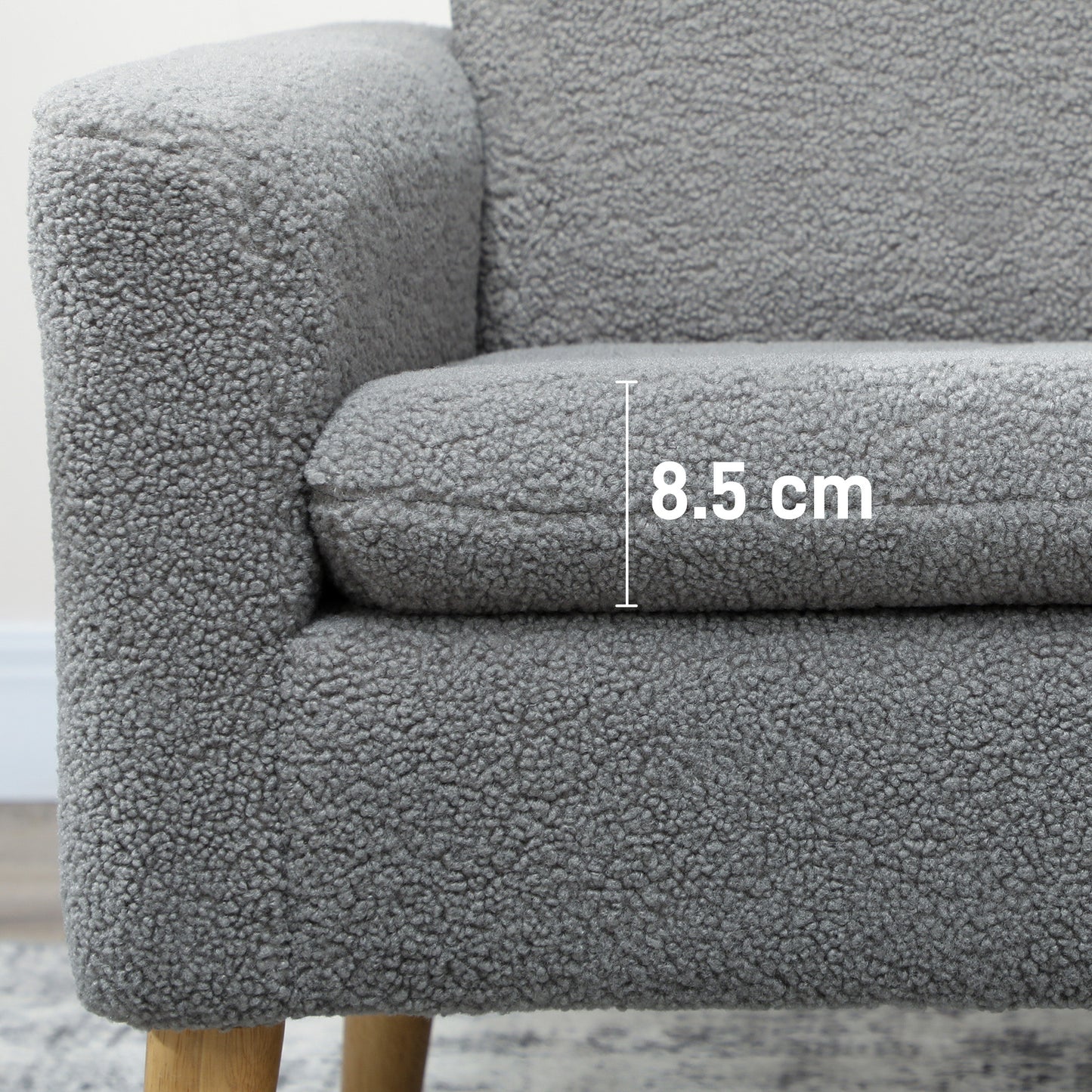 HOMCOM Armchair, Upholstered Accent Chair with Wood Legs and Wide Padded Seat, Teddy Occasional Chair, Grey