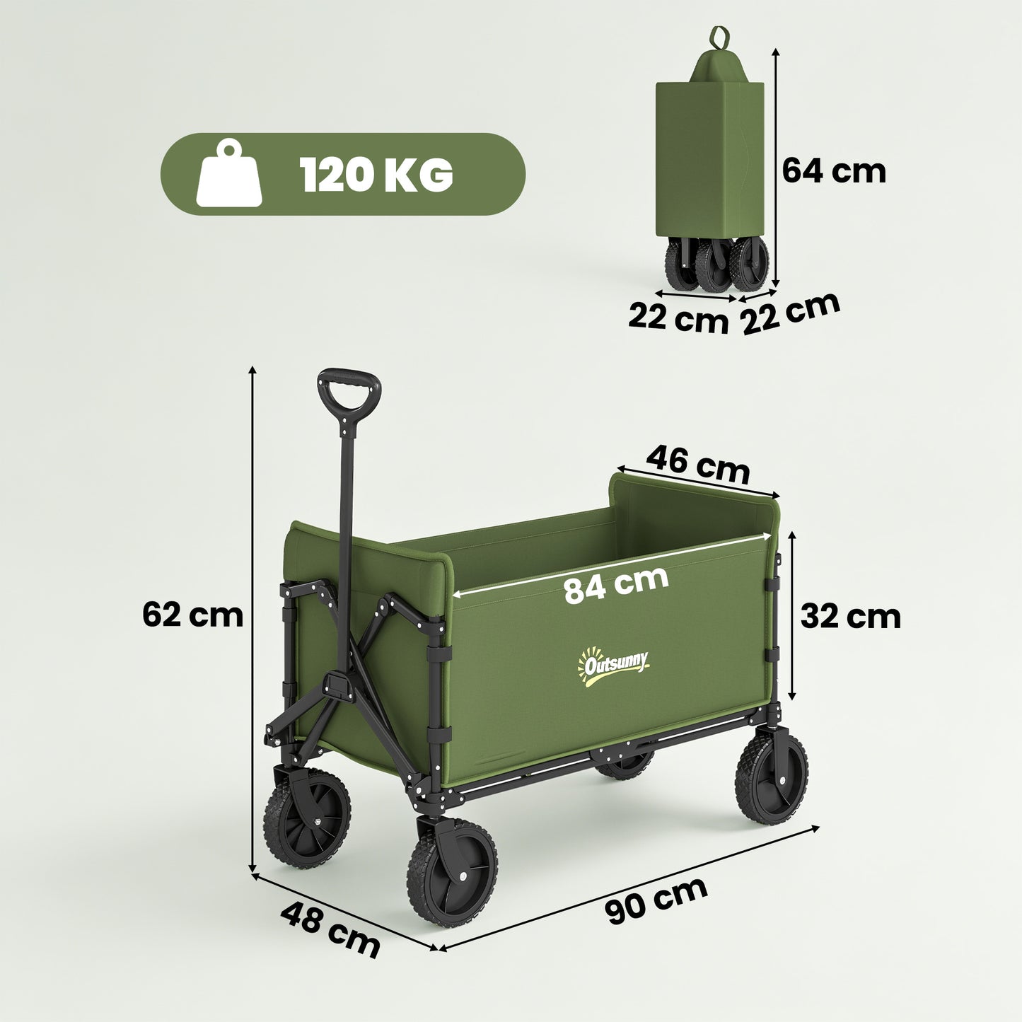 Outsunny 180L Festival Trolley on Wheels, Folding Compact Camping Trolley Cart with Adjustable Handle, 120 KG Capacity for Garden, Beach, Fishing, Green
