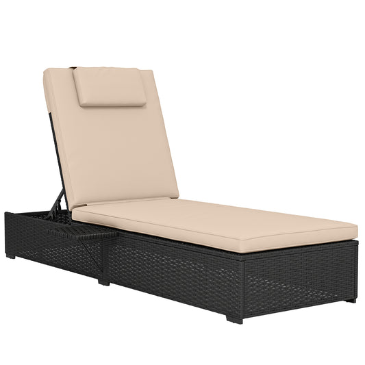 Photo of Outsunny Rattan Sun Lounger with 5-Level Reclining Back Side Tray and Cushion, Black in Black colour on a white background