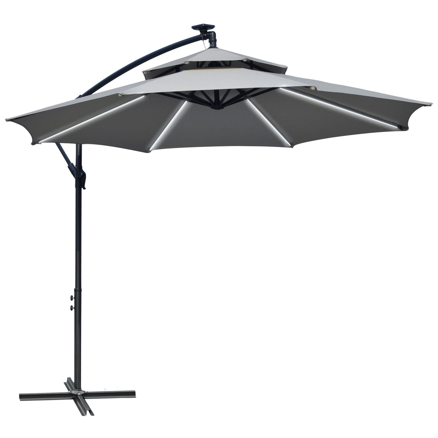 Photo of Outsunny 3(m) Cantilever Banana Parasol Hanging Umbrella with Double Roof, LED Solar lights, Crank, 8 Sturdy Ribs and Cross Base for Outdoor, Garden, Patio, Light Grey in Grey colour on a white background