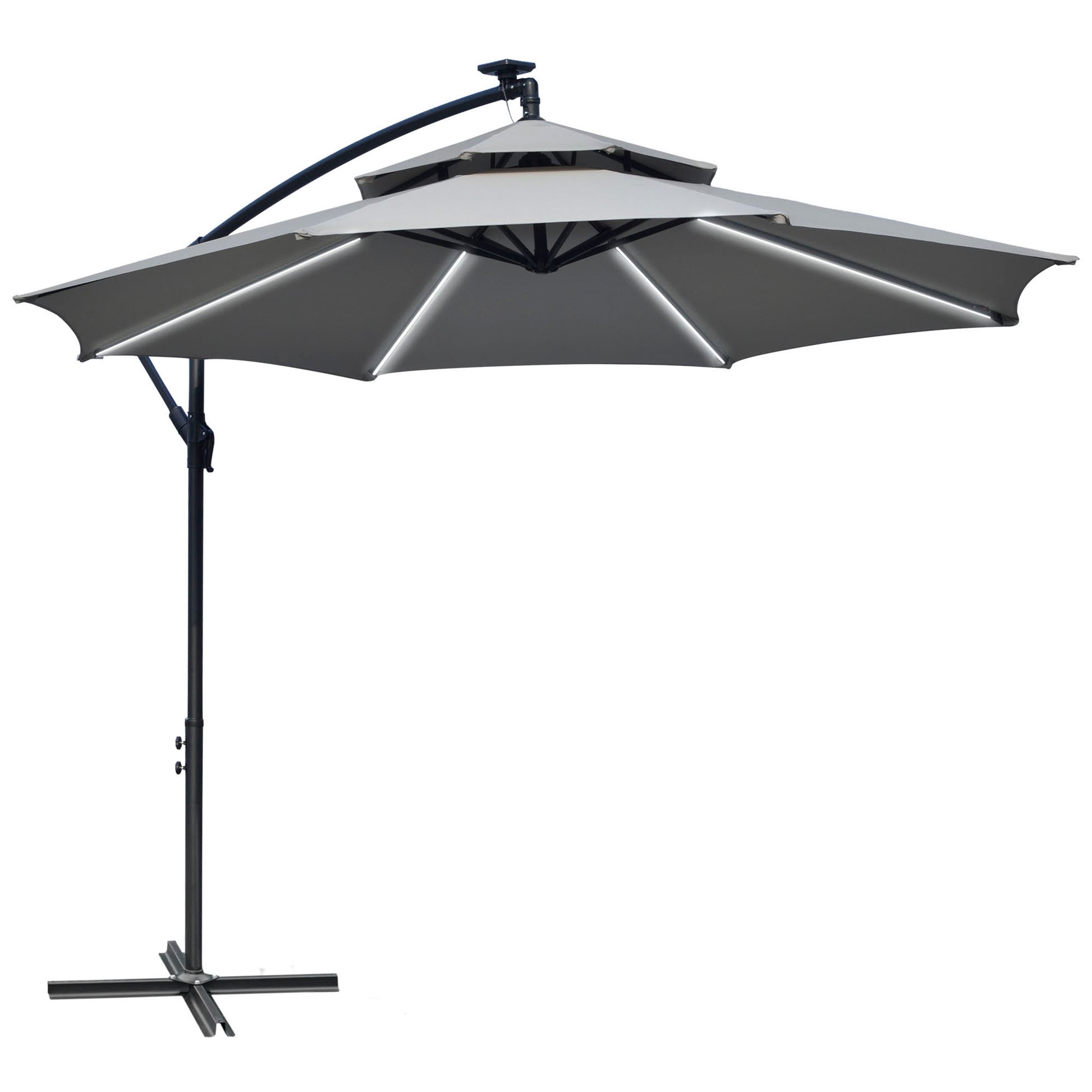 Photo of Outsunny 3(m) Cantilever Banana Parasol Hanging Umbrella with Double Roof, LED Solar lights, Crank, 8 Sturdy Ribs and Cross Base for Outdoor, Garden, Patio, Light Grey in Grey colour on a white background