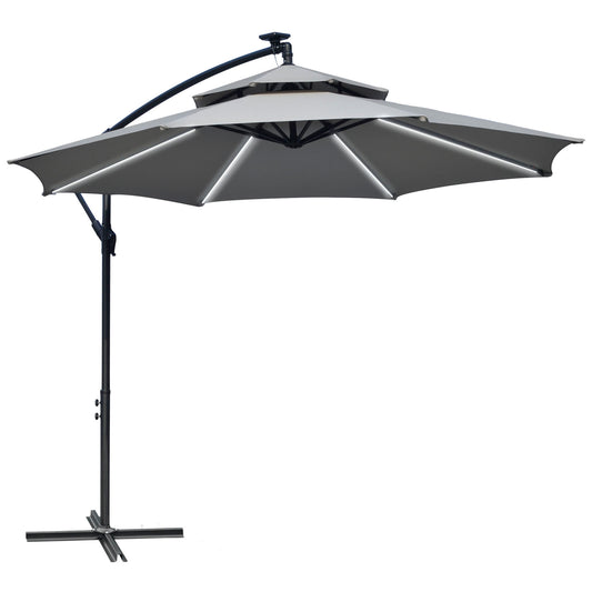 Photo of Outsunny 3(m) Cantilever Banana Parasol Hanging Umbrella with Double Roof, LED Solar lights, Crank, 8 Sturdy Ribs and Cross Base for Outdoor, Garden, Patio, Light Grey in Grey colour on a white background