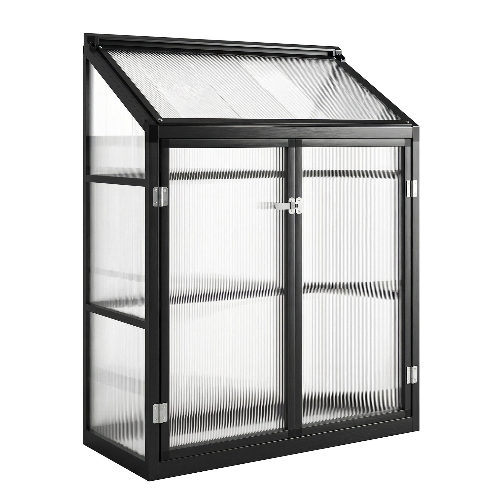 Photo of Outsunny Polycarbonate Greenhouse with Hinged Door, Top Vent, Lean-to Green House, Walk-in Greenhouse, 4 x 2ft, Black in Black colour on a white background