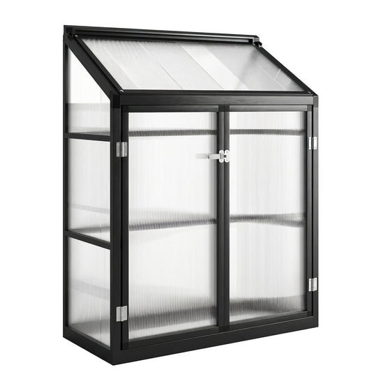 Photo of Outsunny Polycarbonate Greenhouse with Hinged Door, Top Vent, Lean-to Green House, Walk-in Greenhouse, 4 x 2ft, Black in Black colour on a white background